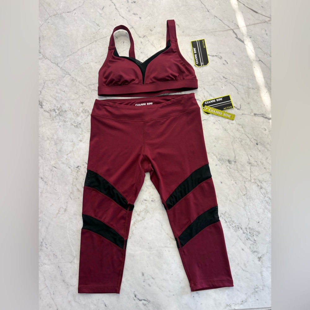 Gianni Bini Burgundy and Black Colorblock Sports Bra & Leggings Set